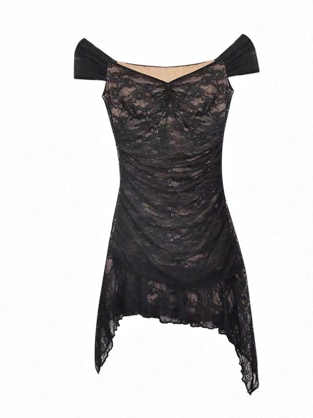 Black Lace Off Shoulder Mini Dress S Ruched Bodycon Party